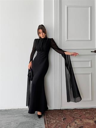 Karen Tül Kol Korsaj Bağlamalı Uzun Elbise