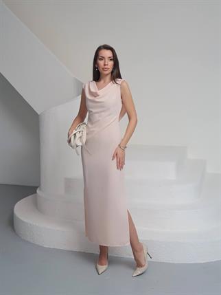 Saten Degaje Yaka Sırt Detay Manolya Elbise