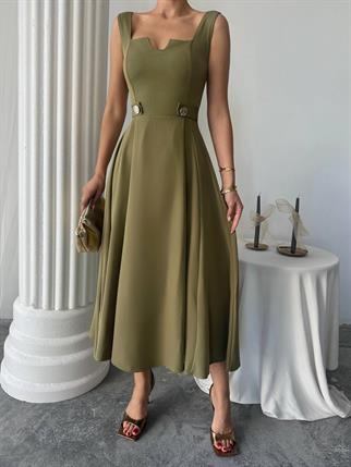 Ayvel Atlas Düğme Detay Midi Elbise