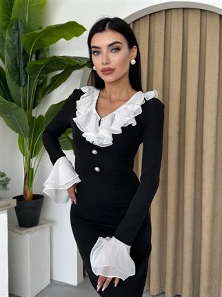 Liplan Yaka Fırfırlı Midi Boy Elbise