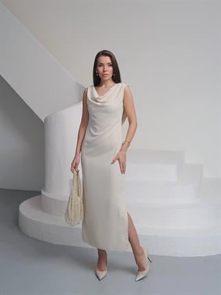 Saten Degaje Yaka Sırt Detay Manolya Elbise