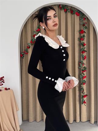 Arlena Retro Fırfır Detay Uzun Triko Elbise