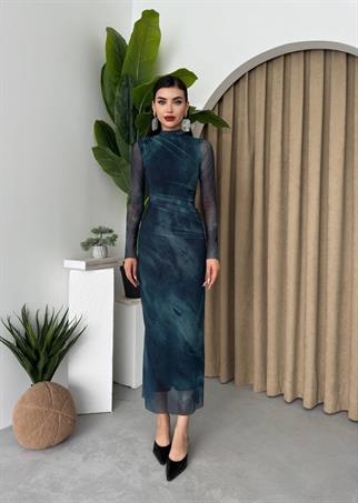 Mirena Tül Tasarım Uzun Kollu Midi Elbise 