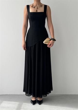 Hulos Yırtmaç Detaylı Atlas Şifon Elbise