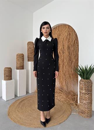 Perlina İnci Boncuk Detay Gömlek Yaka Uzun Elbise