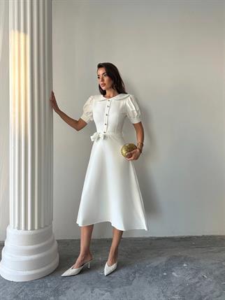 Bebe Yaka Gold Düğmeli Atlas Midi Elbise