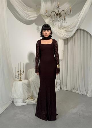 Olin Şallı Dantel Uzun Elbise 