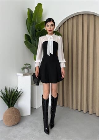 Siyah Beyaz Kontrastlı Şifon Kollu Kurdele Yaka Mini Elbise