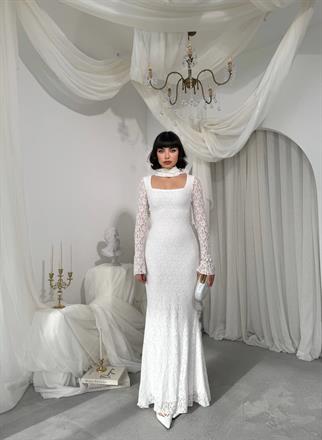 Olin Şallı Dantel Uzun Elbise