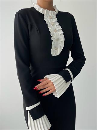 Arlena Retro Fırfır Detay Uzun Triko Elbise