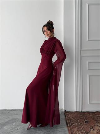 Karen Tül Kol Korsaj Bağlamalı Uzun Elbise