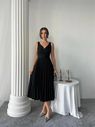 Alyosa Pileli V Yaka Midi Elbise