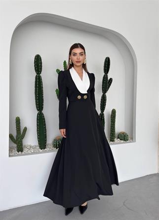 Velora Düğme Detay Vatkalı Uzun Elbise 