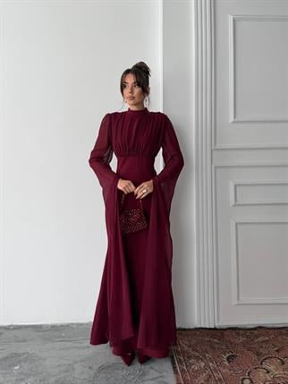 Karen Tül Kol Korsaj Bağlamalı Uzun Elbise