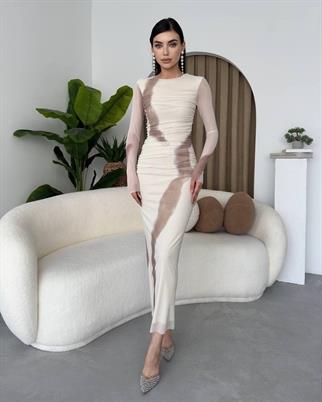 Nayra Tül Tasarım Uzun Kollu Midi Elbise