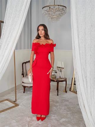 Rina Tasarım Çiçek Detay Uzun Elbise