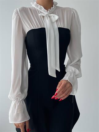 Siyah Beyaz Kontrastlı Şifon Kollu Kurdele Yaka Mini Elbise