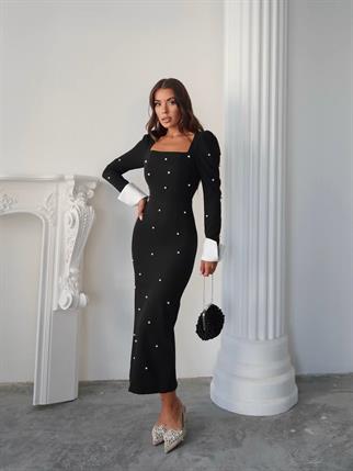 Kadın Tasarım İnci Taşlı Manşet Kol Detay Uzun Elbise