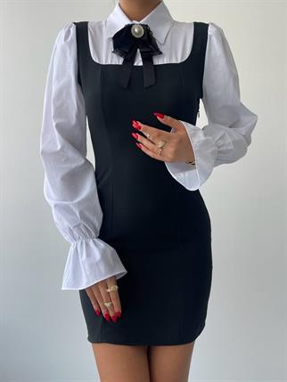 İdil Siyah Broşlu Gömlek Yaka Birleşik Elbise