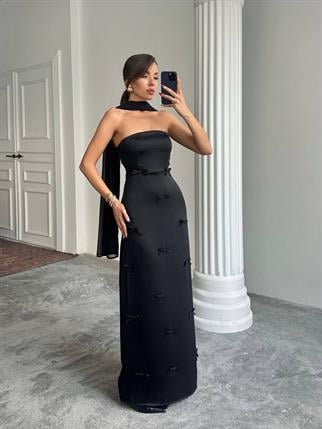 Nova Saten Şal Detay Uzun Elbise 