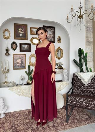 Hulos Yırtmaç Detaylı Atlas Şifon Elbise