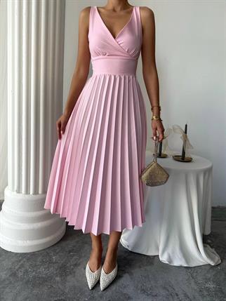 Alyosa Pileli V Yaka Midi Elbise