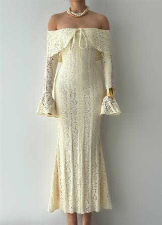 Lumina Dantel Kumaş Açık Omuz Uzun Elbise