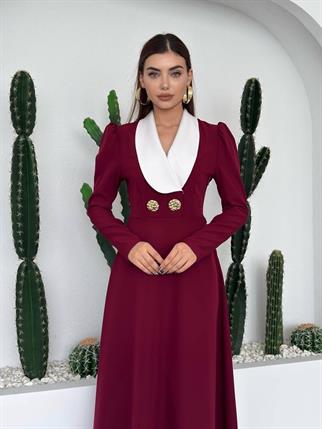 Velora Düğme Detay Vatkalı Uzun Elbise