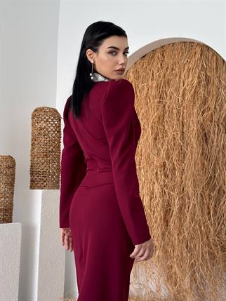 Perlina İnci Boncuk Detay Gömlek Yaka Uzun Elbise