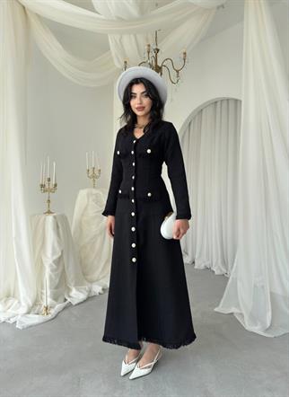 Fari Düğme Detaylı Uzun Elbise