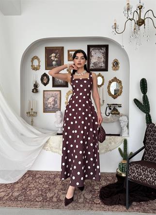 Melon Puantiyeli Midi Elbise