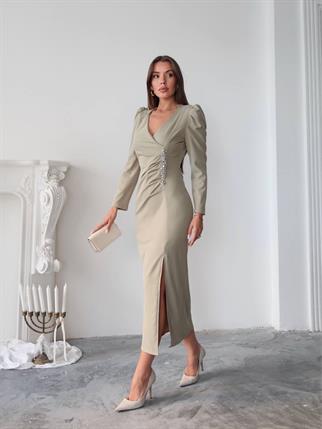 Barley Taş Baskılı Yırtmaclı Uzun Elbise