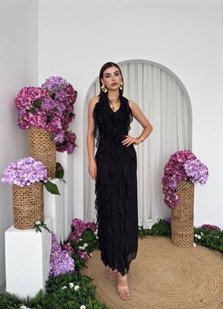 Lotus Şifon Fırfır Detay Uzun Elbise