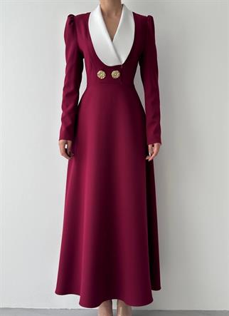 Velora Düğme Detay Vatkalı Uzun Elbise