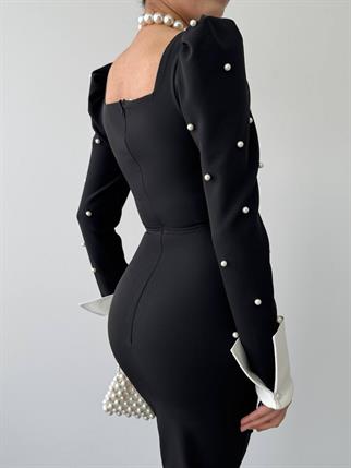 Aria İnci Taşlı Gömlek Kol Detay Uzun Elbise