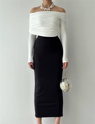 Ivory Drapeli Omuz Açık Detay Uzun Elbise