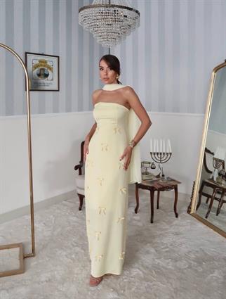 Nova Saten Şal Detay Uzun Elbise