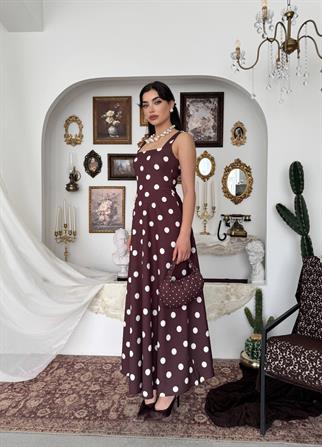 Melon Puantiyeli Midi Elbise