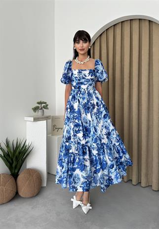 Balon Kol Kiloş Mavi Çiçekli Midi Elbise