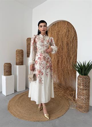 Orlena Düğme Detay Kemerli Uzun Elbise 