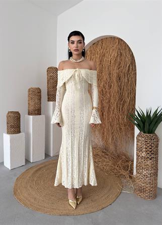 Lumina Dantel Kumaş Açık Omuz Uzun Elbise