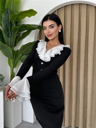 Liplan Yaka Fırfırlı Midi Boy Elbise