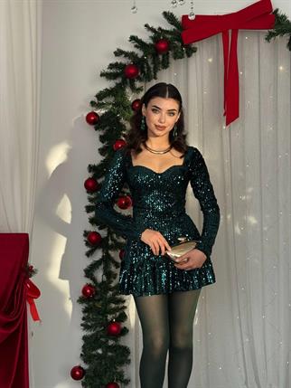 Pileli Kalp Yaka Tasarım Payet Elbise