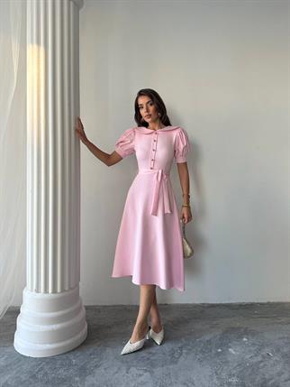 	Bebe Yaka Gold Düğmeli Atlas Midi Elbise