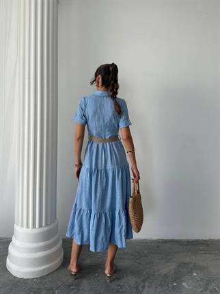 Sofya Keten Kemerli Mİdi Elbise