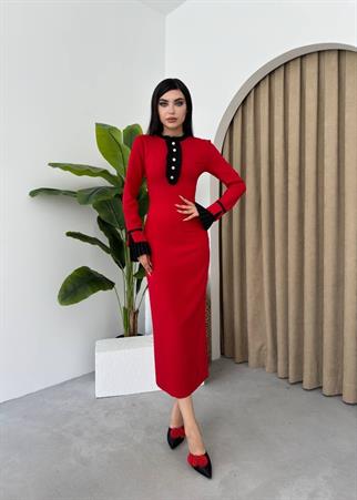 Ruby Fırfır Detay Manşet Kol Midi Elbise