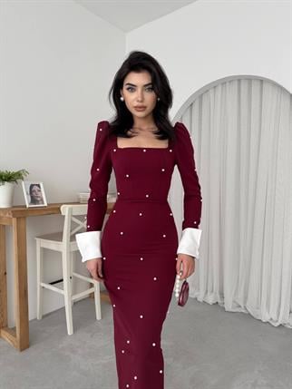 Aria İnci Taşlı Gömlek Kol Detay Uzun Elbise