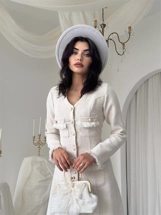 Fari Düğme Detaylı Uzun Elbise