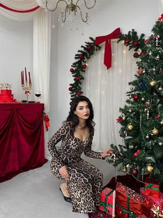 Kalp Yaka Uzun Leopar Elbise