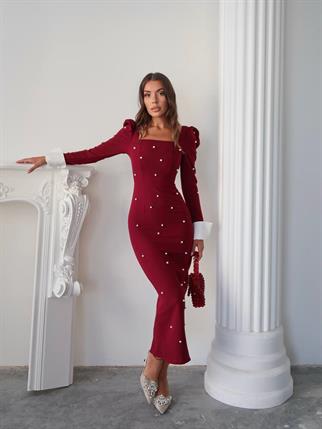 Kadın Tasarım İnci Taşlı Manşet Kol Detay Uzun Elbise